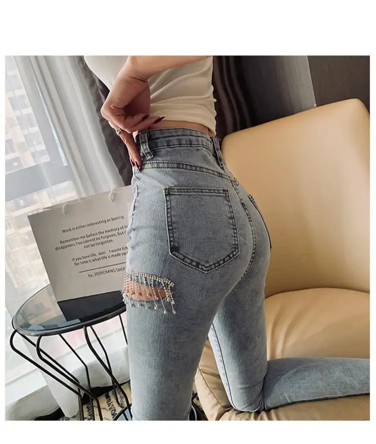 High Quality Jeans Diamonds Tassel Skinny High Waist New Fashion Spring Summer Fashion Streetwear Thigh Cut  Women Denim Pants
