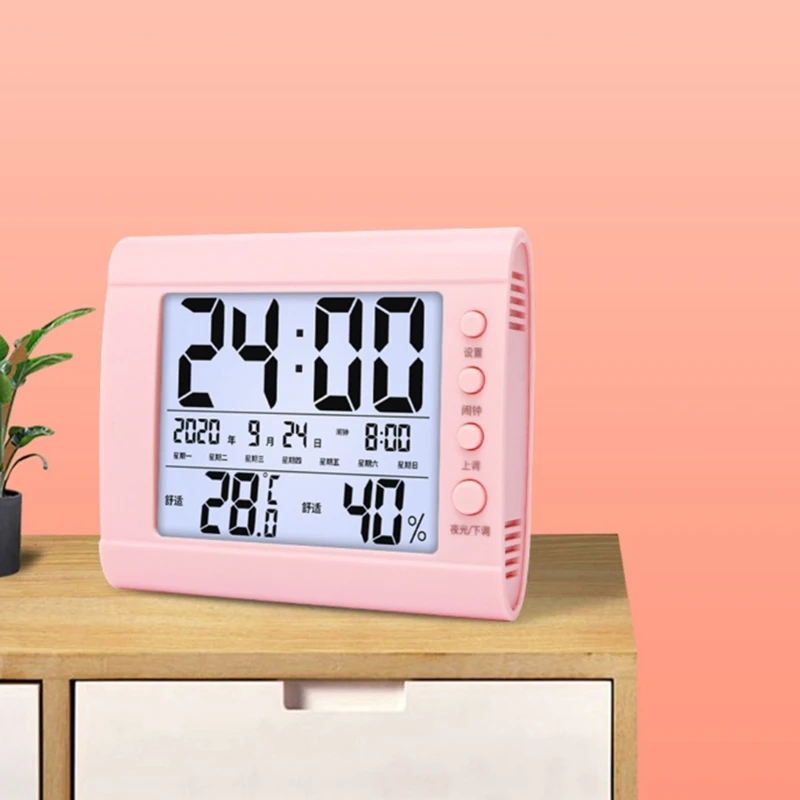 Digital Wall Desk Clock with Temperature Humidity Date Week Large LCD Display Battery Operated Alarm Clock for Bedroom 4