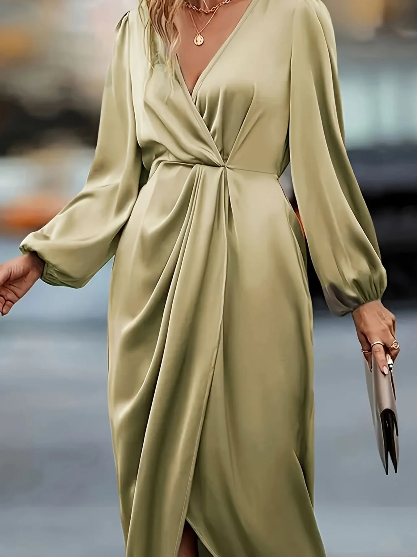 فستان صيفي نسائي كاكي مقاس كبير منسوج من الساتان ب...