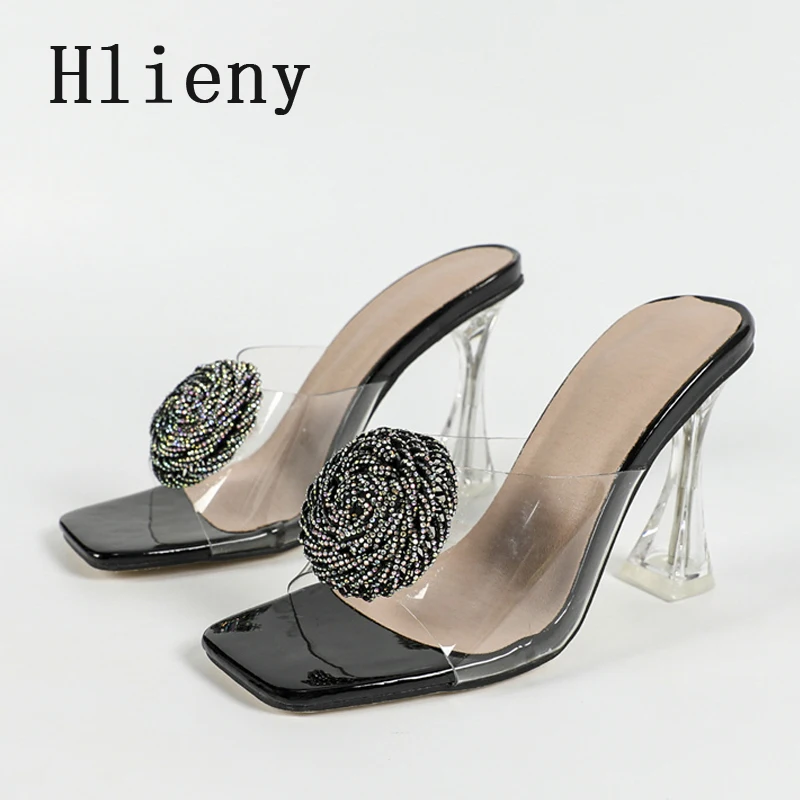 Hlieny PVC 투명 스퀘어 토 크리스탈 슬리퍼 여성용 2026 여름 클리어 하이힐 라인스톤 샌들 여성 신발