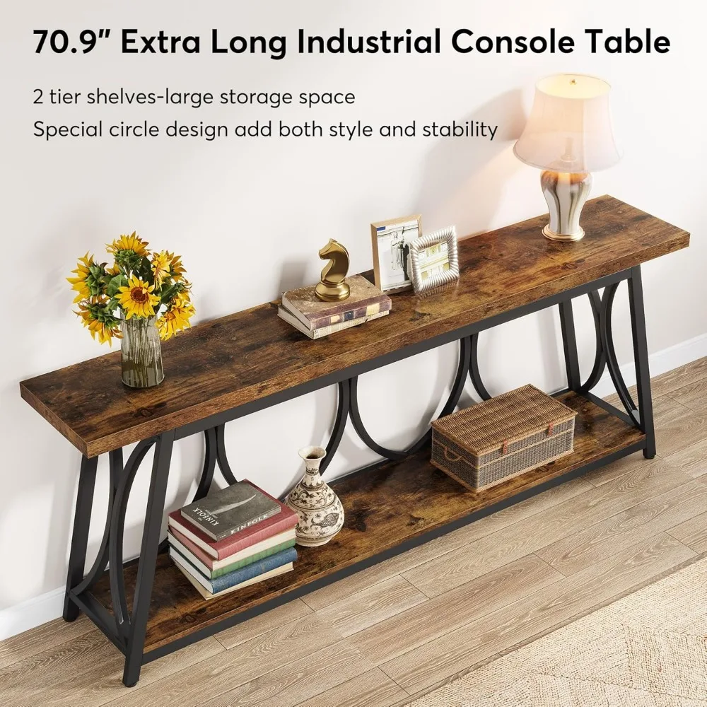70.9 inch Extra Long Console Table,  Industrial Sofa Table Behind Couch with 2 Tier Storage Shelf ,  Narrow Entryway 6