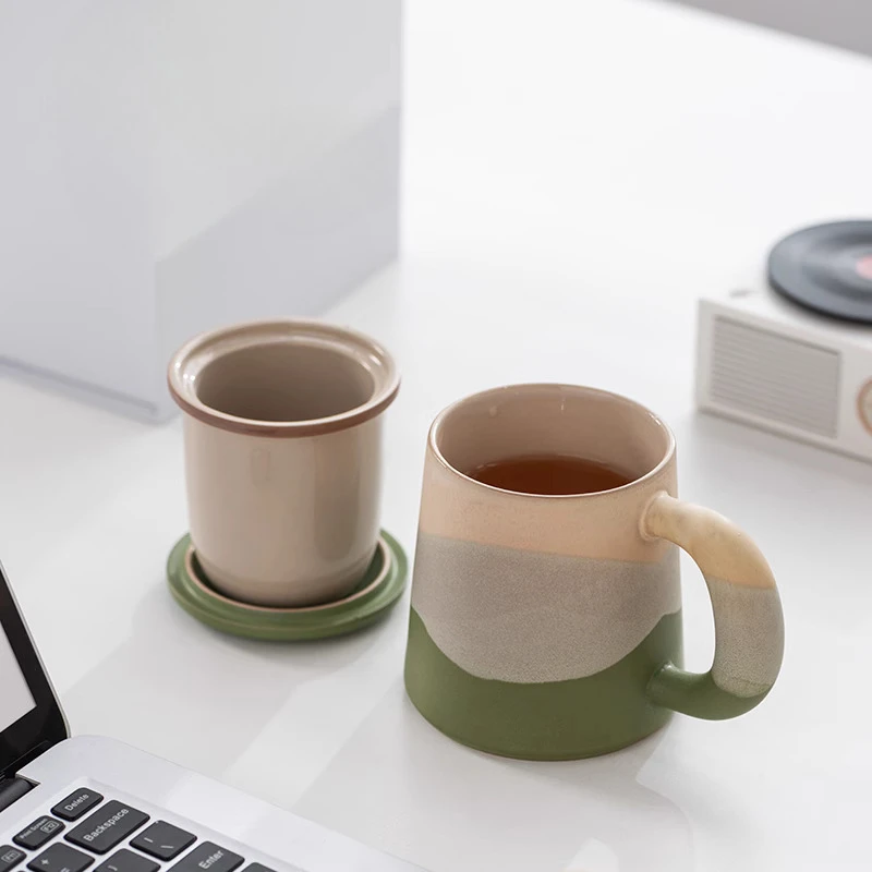 Chinese Style Ceramic Mugs, Home Personal Office Creative Teacup With Cover, Filtered Tea Water Separation, Tea Cups, 400ml, 1Pc