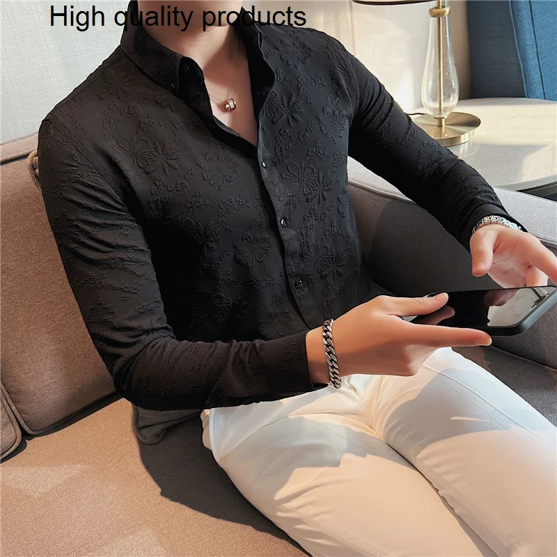 

2024 Printed Shirt Spring Brand Men's Striped Long-Sleeved Men Social Clothing Club Prom Slim Streetwear S-4XL