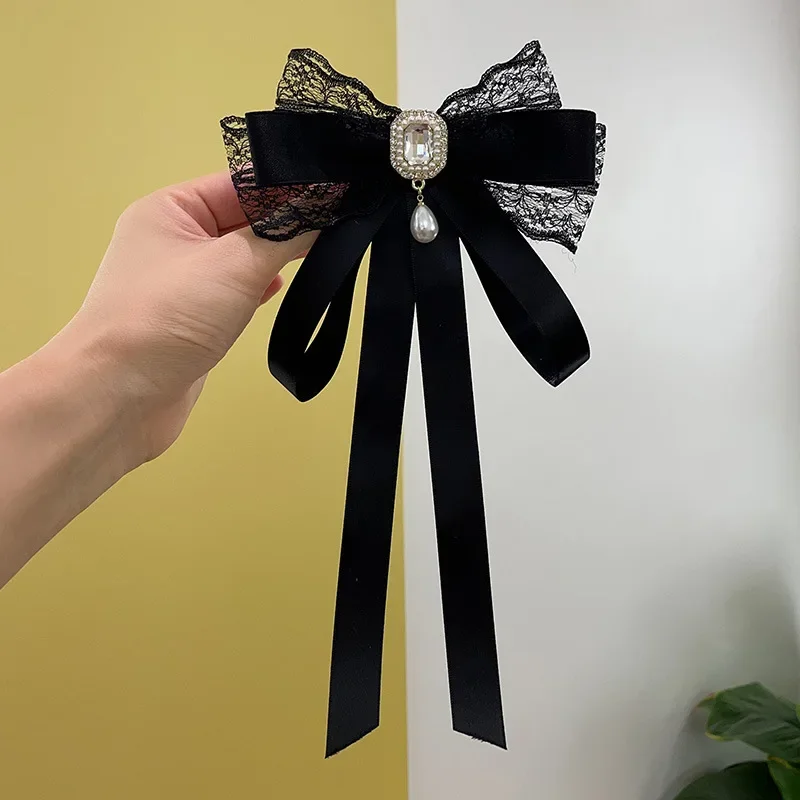 OBONNIE Rhinestone Bow Tie Brooch Pin - Classic Black Ribbon Neck Tie For Women