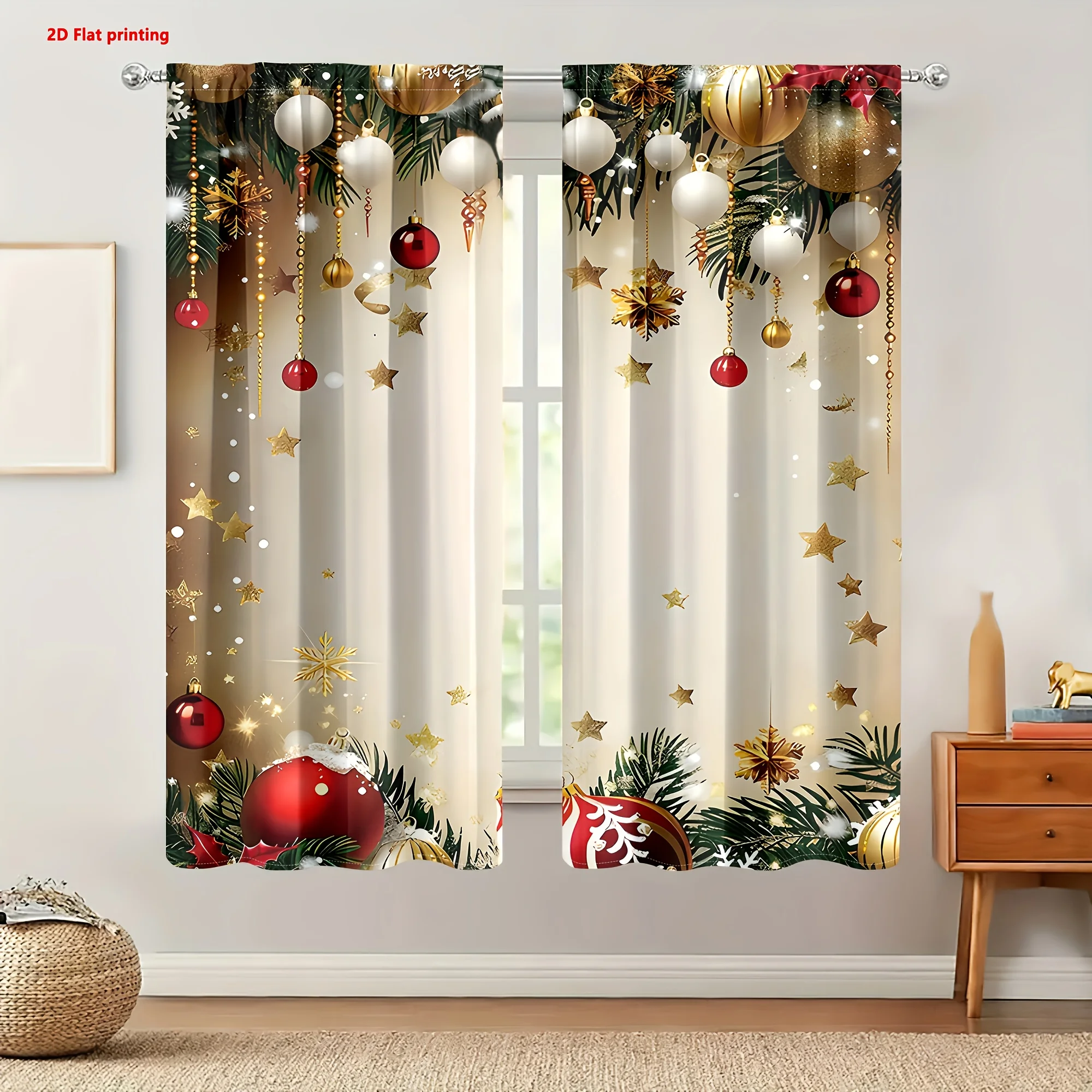 Golden Red Christmas Star Curtain Set 6