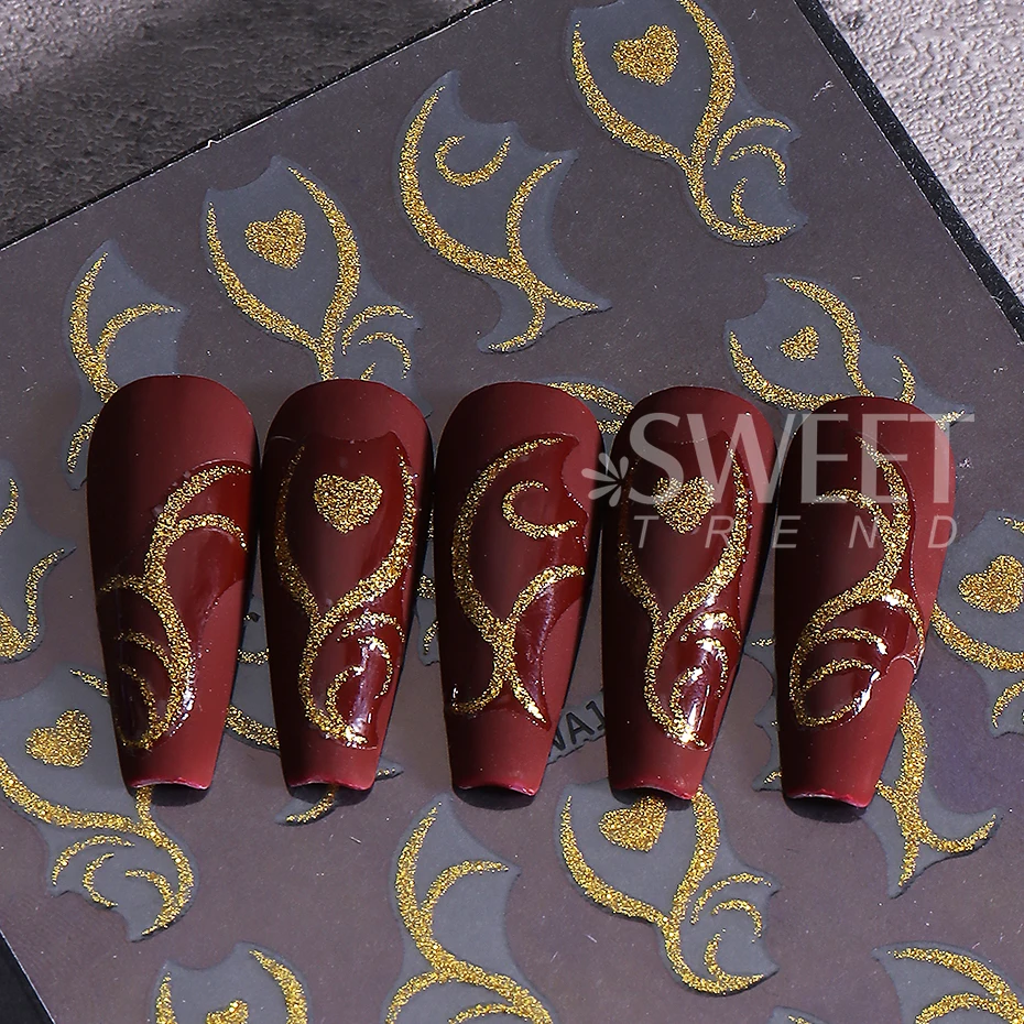 2pcs Glitter Gold Silver Love Heart Nail Stickers Valentine's Day French Lines Love Adhesive Nail Decals DIY Manicure Decoration