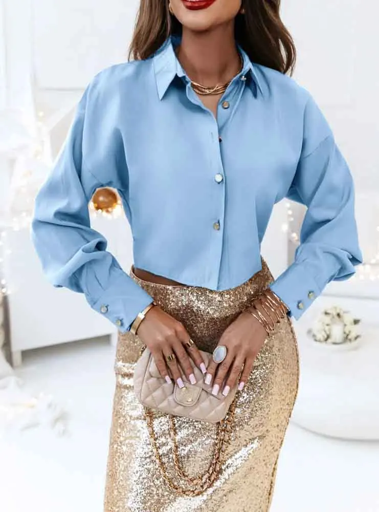 

Весенняя модная Укороченная рубашка на пуговицах, Женская Повседневная Однотонная рубашка с длинным рукавом для женщин 2024, черная офисная блузка, топы Fenne