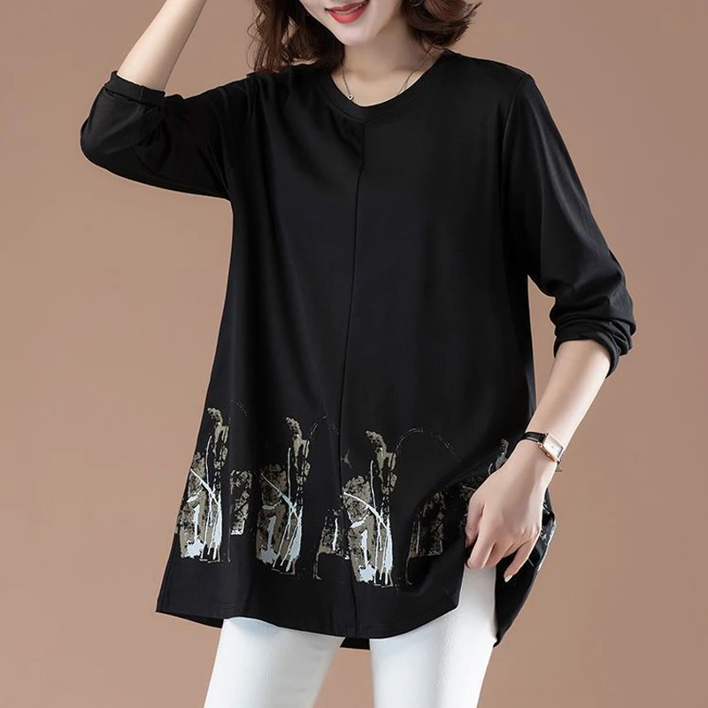 

2023 Spring and Autumn Leisure Loose Oversize Round Neck Printing Simple and Fashionable Middle and Old Age Women's Long T-shirt