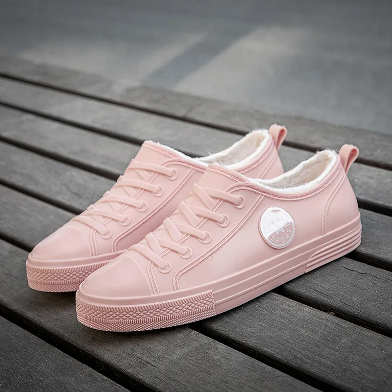 Pink faux fur lined rain shoes women's warm low top galoshes woman
