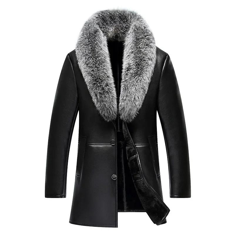 Leather and Fur Integrated Men's Fur Coat Snow Fox Fur Collar Thickened Medium Length Sheepskin Leather Jacket