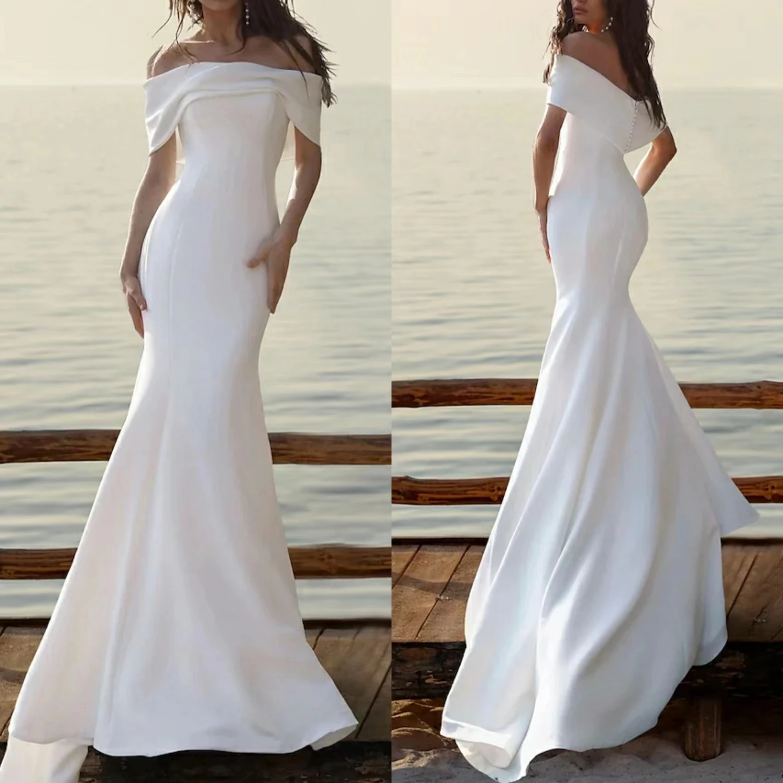 

Beach Long Ivory Wedding Dresses Sweep Train Mermaid Off Shoulder Satin With Ruched Bridal Gowns for Women