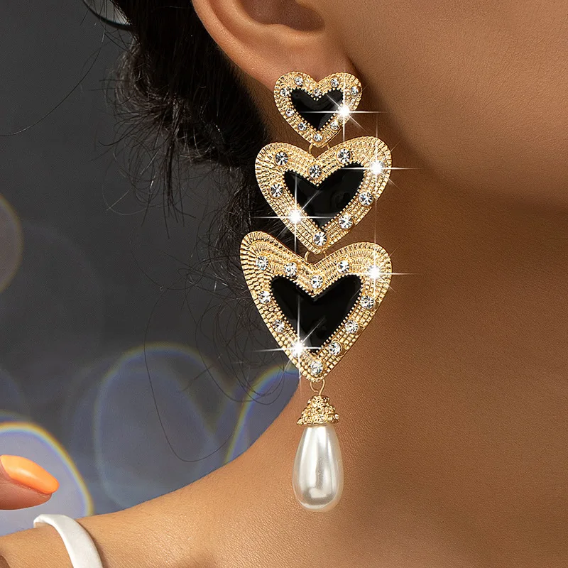 

Luxury Shiny Rhinestone Love Heart Long Pendant Drop Earrings Women Elegant Imitation Pearl Hang Earrings Bride Wedding Party