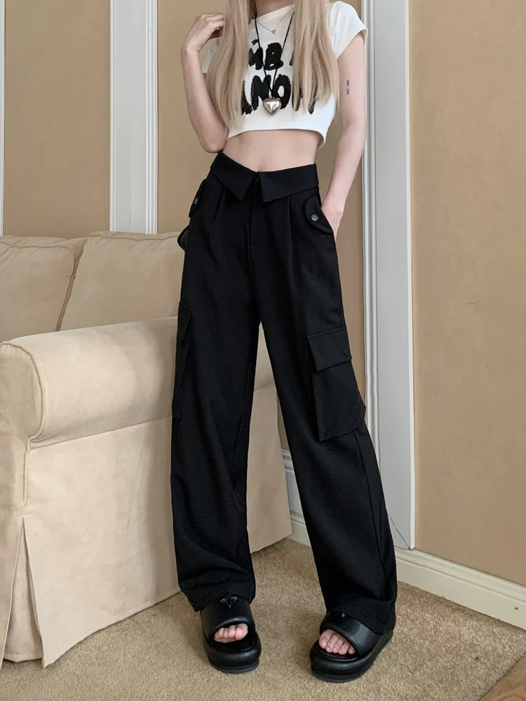 Fashion Casual Cargo Pants Y2K American Style High Waist Slim Summer Women's Wide Leg Pants Chic Buttons Sweet Female Pants