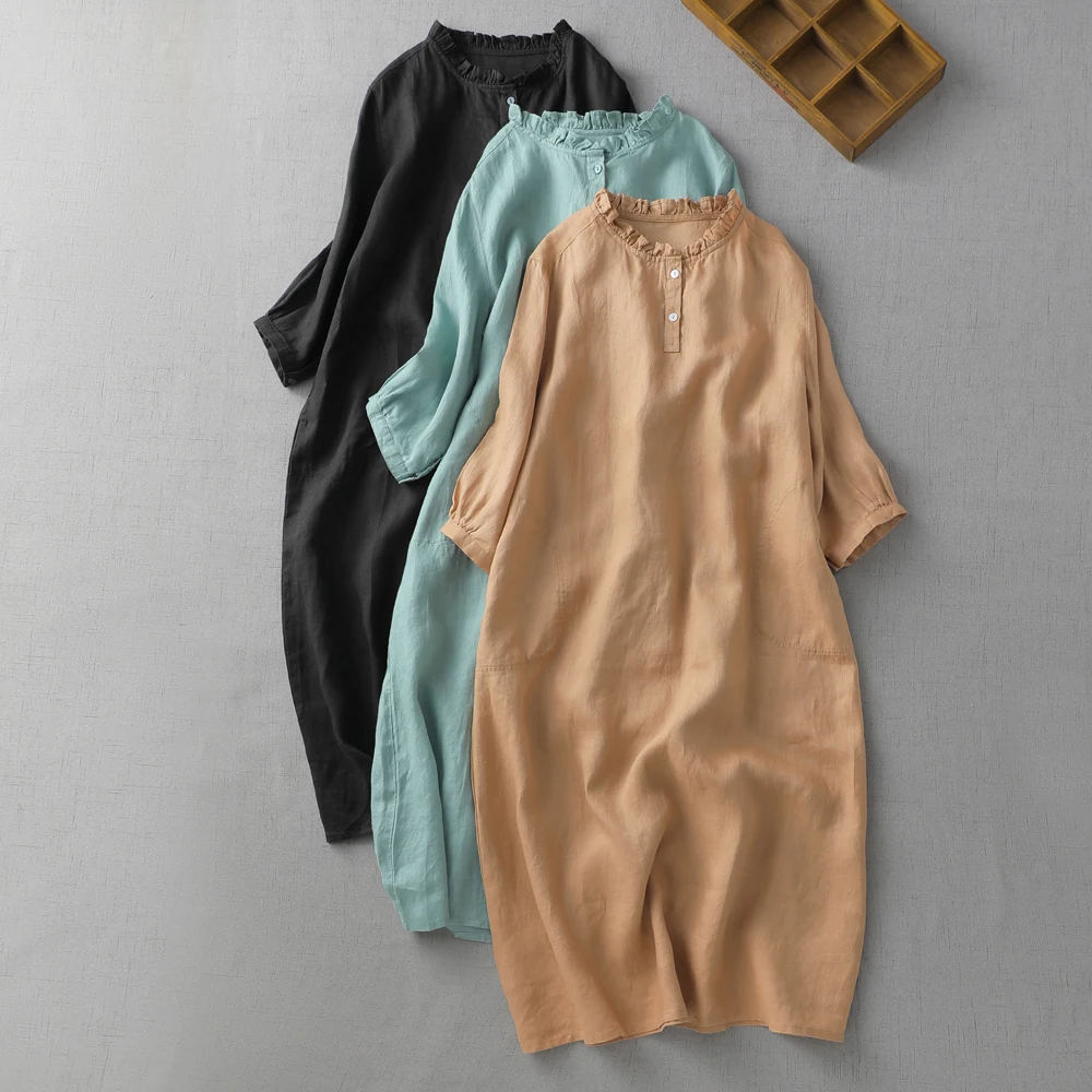 

Женское летнее платье, новинка 2023, офисные простые и элегантные однотонные свободные платья с рукавами три четверти и оборками для женщин