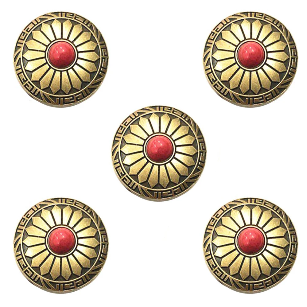 Set of 5 Decorative 30mm Plated Brass Sunflower Carved Green Turquoise Conchos for Leathercraft and Accessories
