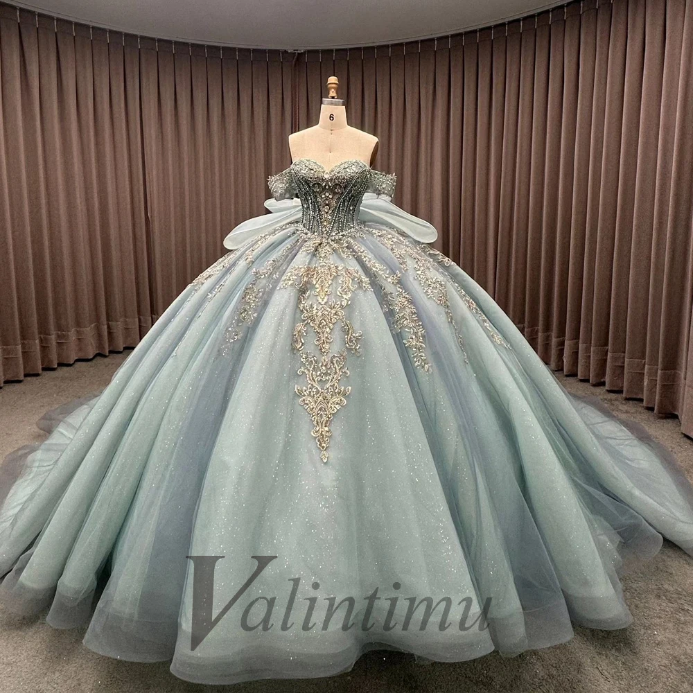 Quinceanera Dresses Valintimu Exquisite Glitter Quinceanera Dresses for Girls Off the Shoulder Bow Court Train Robe Princess Bleu Femme Customized