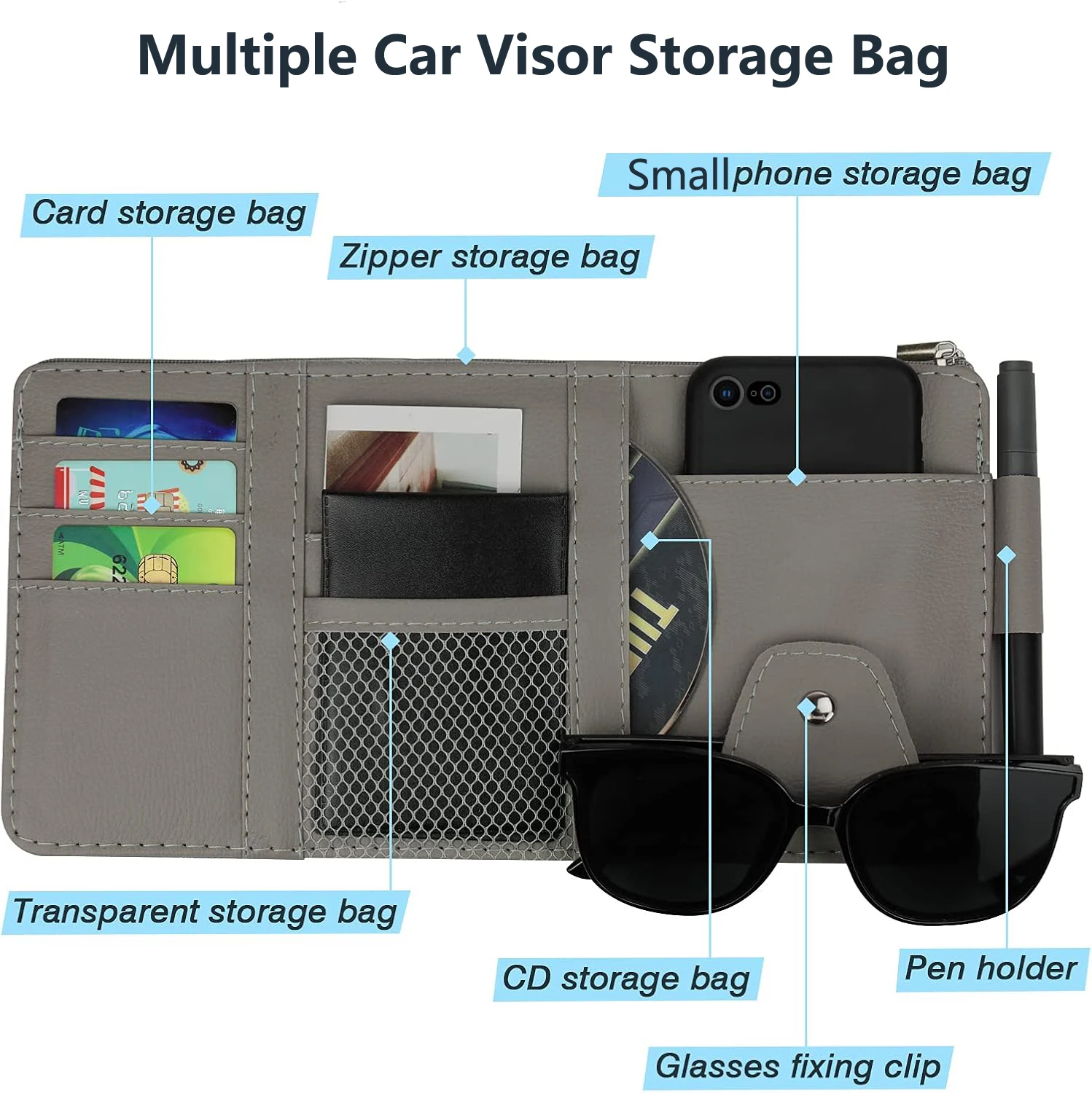 Car Sun Visor Organizer Sunshade Storage Bag PU Leather Multi-Pocket Net Zipper Car Sun Visor Organizer Sunglasses Holder for Car Interior Accessories