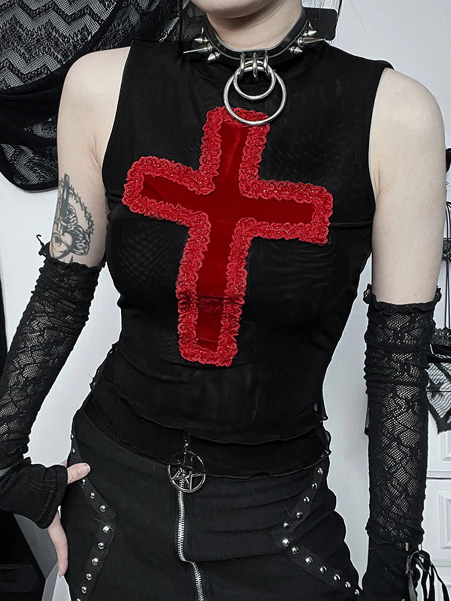 

Женская сетчатая майка без рукавов, облегающий топ с перекрестной вышивкой, уличная одежда на лето