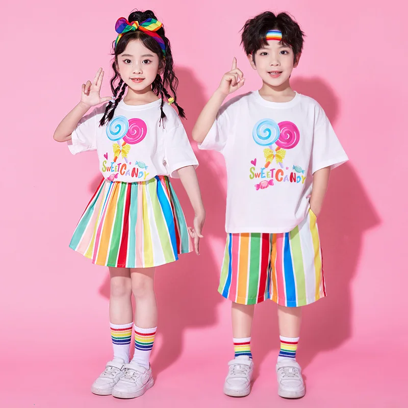 Kids Hip Hop Ballroom Dancing Costumes 4 Girls Boys Lollipop White T Shirt Color Shorts Skirt Jazz Dance Clothes Stage Outfits