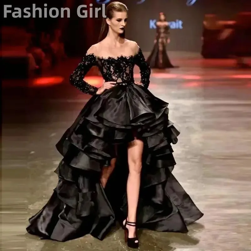 

Elegant Lace Appliques Tiered Long Sleeve Wedding Guest Evening Cocktail Prom Dresses for Bride Special Occasion