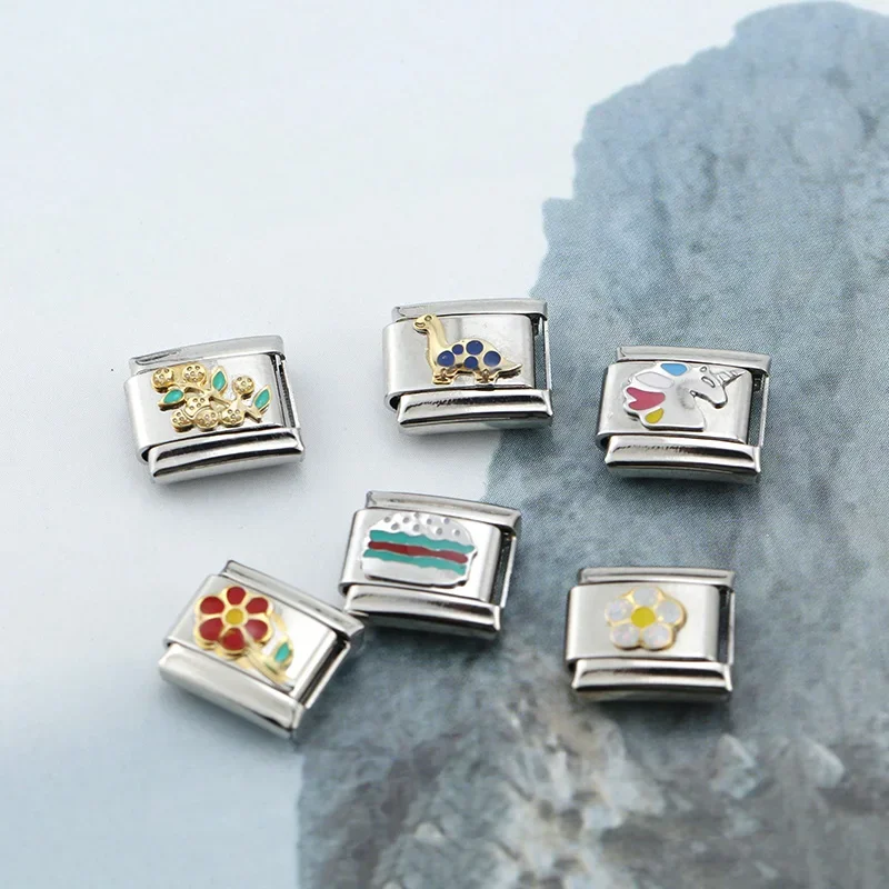 Charm Bracelet Daisy Dinosaurs Unicorns Flowers Hamburg Charm Links Fit 9mm Bracelet Stainless Steel Jewelry Making