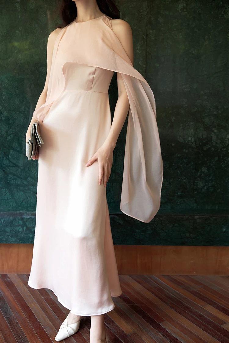 Birdtree 100% Real Silk Shawl High End Party Dress Women Satin Banquet Sleeveless Dresses 2024 Spring Summer D41437QM