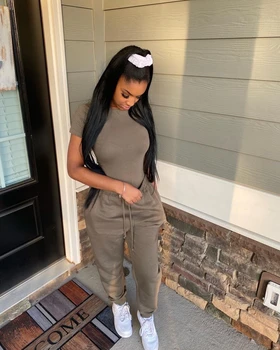 Two Piece Versatile Solid Color Sports And Leisure Set, Women's Cotton Slim Fit T-shirt Paired With Loose Jogging Pants 1