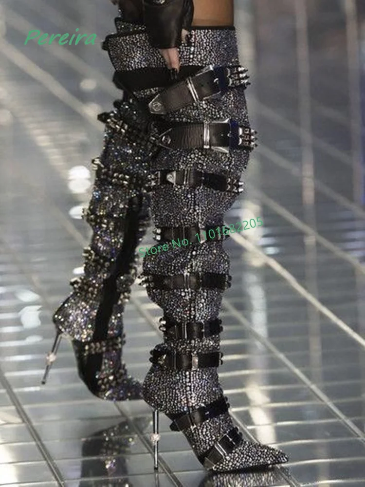 

Winter Studded Boots Women's New Arrival Solid Pointed Toe Stiletto Rhinestone Catwalk Party Plus Size Shoes For Free Shipping