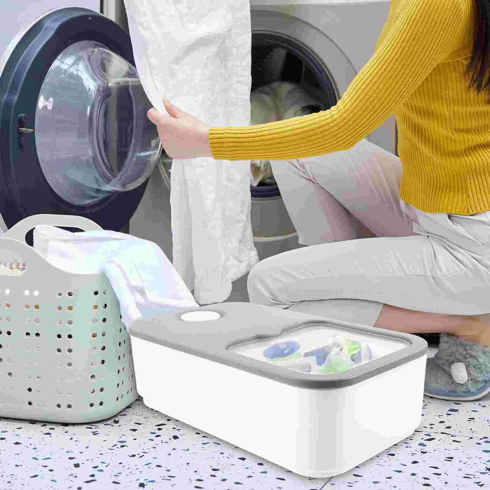 

Laundry Detergent Container and Dispenser with Sliding Lid and Fabric Softener Bucket