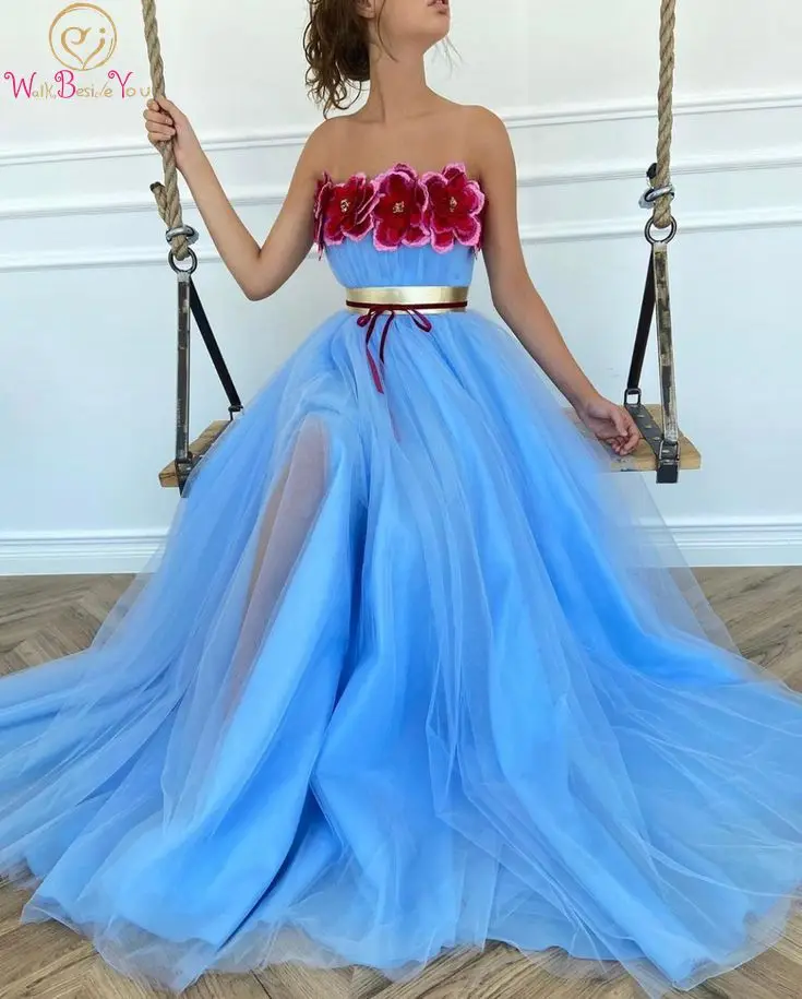 

Formal Prom Dresses 2022 Prom Blue Tulle Formal Occasion Flower Pleats Strapless Front Slit Evening Gowns Party