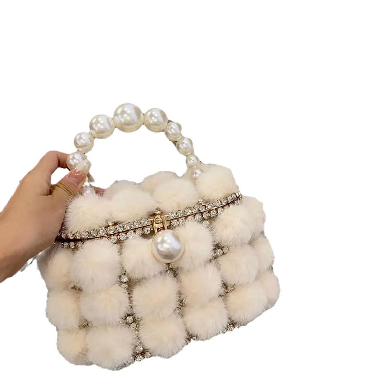 Diamond Hollow Out Women Shoulder Bag Luxury Crossbody Evening Bag Metal Cages Pearl mink fur Bag Wedding Party Handbag Clutch