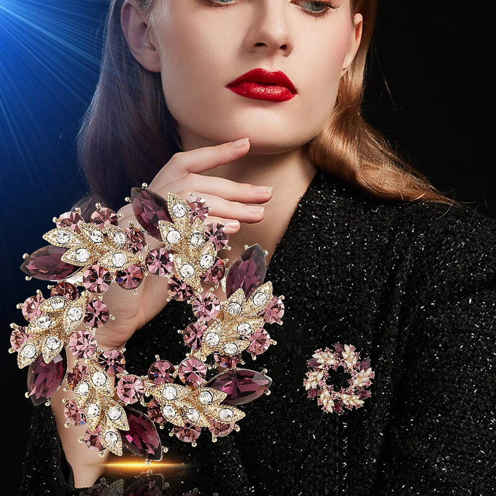 

New Large Size Crystal Wreath Brooch Female Atmosphere Cooper Corsage Fashion Clothing Accessories Pin Jewelry