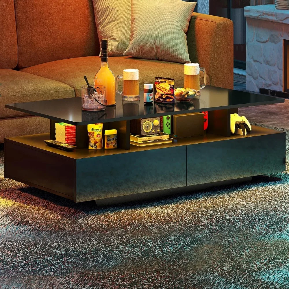 

Coffee Table, LED Coffee Table with Storage, Small Center Table with Open Display Shelf & Sliding Drawers, Coffee Table