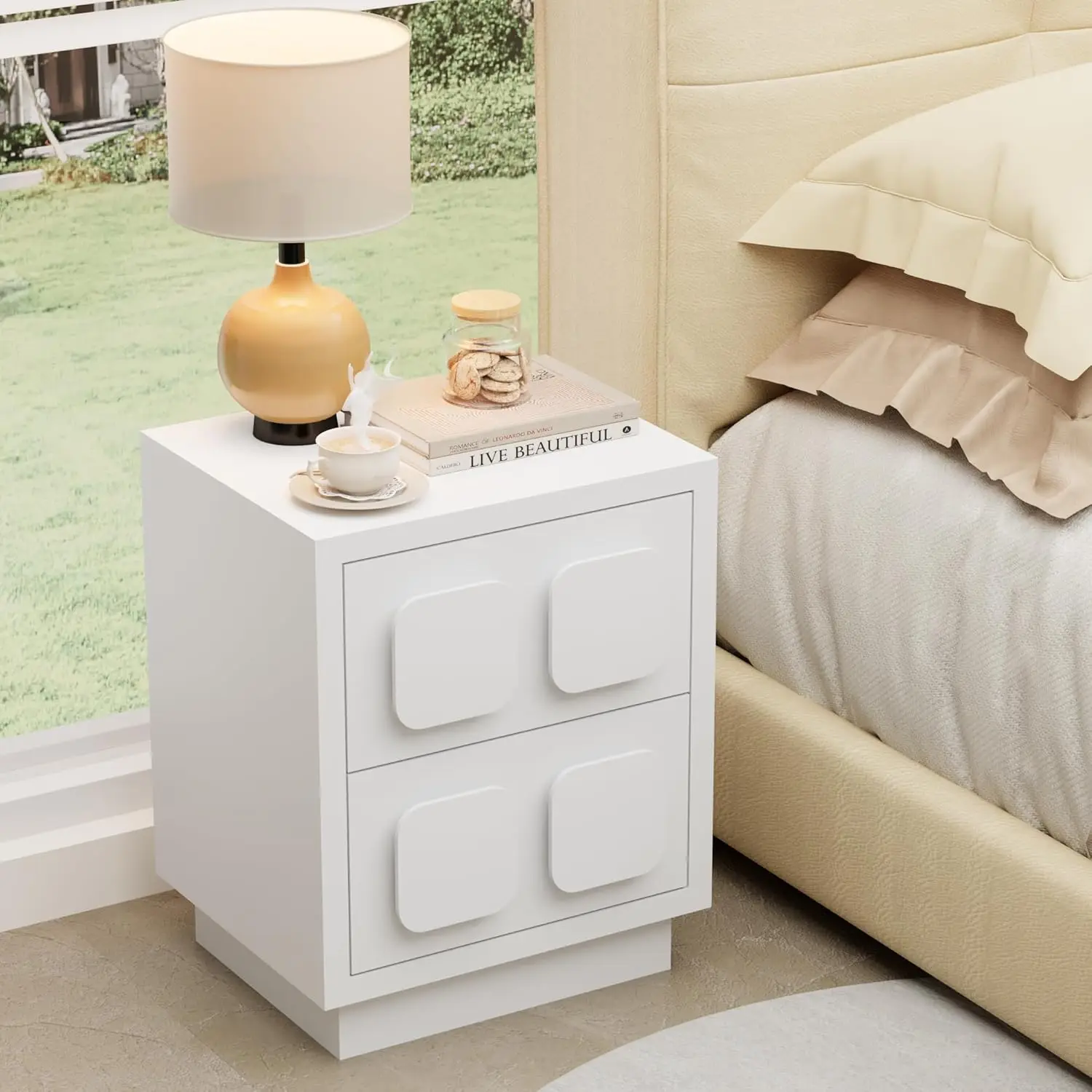 White Nightstand 23.62'' Tall,Modern Night Stand with 2 Drawers for Bedroom, Large Side End Table Chocolate Bedside Night Tables