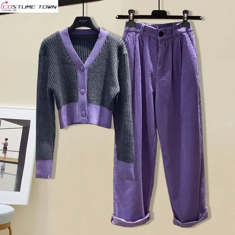 Fashion Women's Set 2024 Autumn/Winter New Purple Sweater V-neck Cardigan Corduroy Casual Pants Age Reducing Two Piece Set