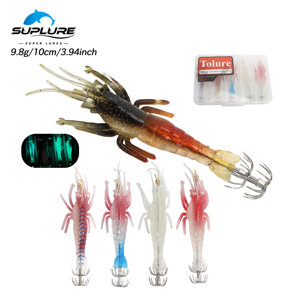 Fishing Lure Glowing Shrimp Seawater Squid&Octopus Lures 9.8g/10cm PVC 5pcs/Pack 5 Colors High Sensitivity Night