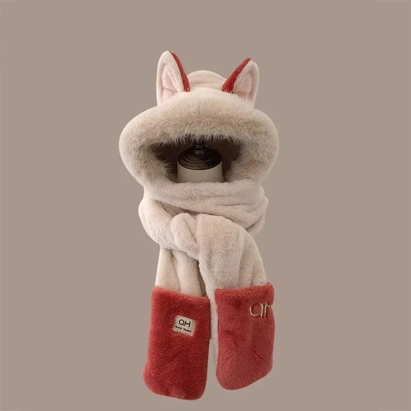 Winter New Outdoor Fox Warm Ear Protection Scarf, Furry and Fashionable One-piece Plush Hat