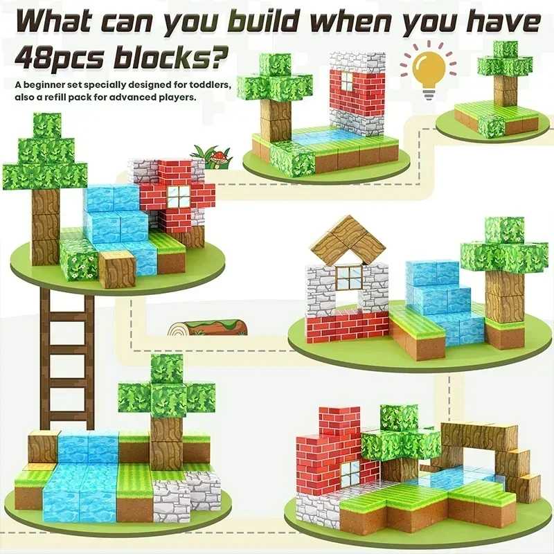 Magnetic Building Blocks Magnetic Assembly Toy Mine World Magnet Cube Set for Boy Girl Kid Age 3+ DIY Model Children Stem Sensory Educational Toy Gift