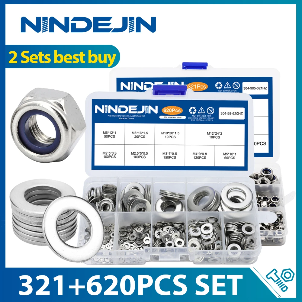 Nindejin Conjunto 304 321 Peças M2-m12 Conjunto de Porca de Bloqueio de Náilon com M2-m12 620 Peças Arruela Plana Sortimento Kit Aço Inoxidável