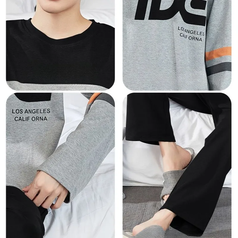 Men New Pajamas Long Sleeve Pure Cotton Pajamas Spring Autumn Pyjamas Casual Cartoon Nightdress Round Neck Loose Home Wear Set