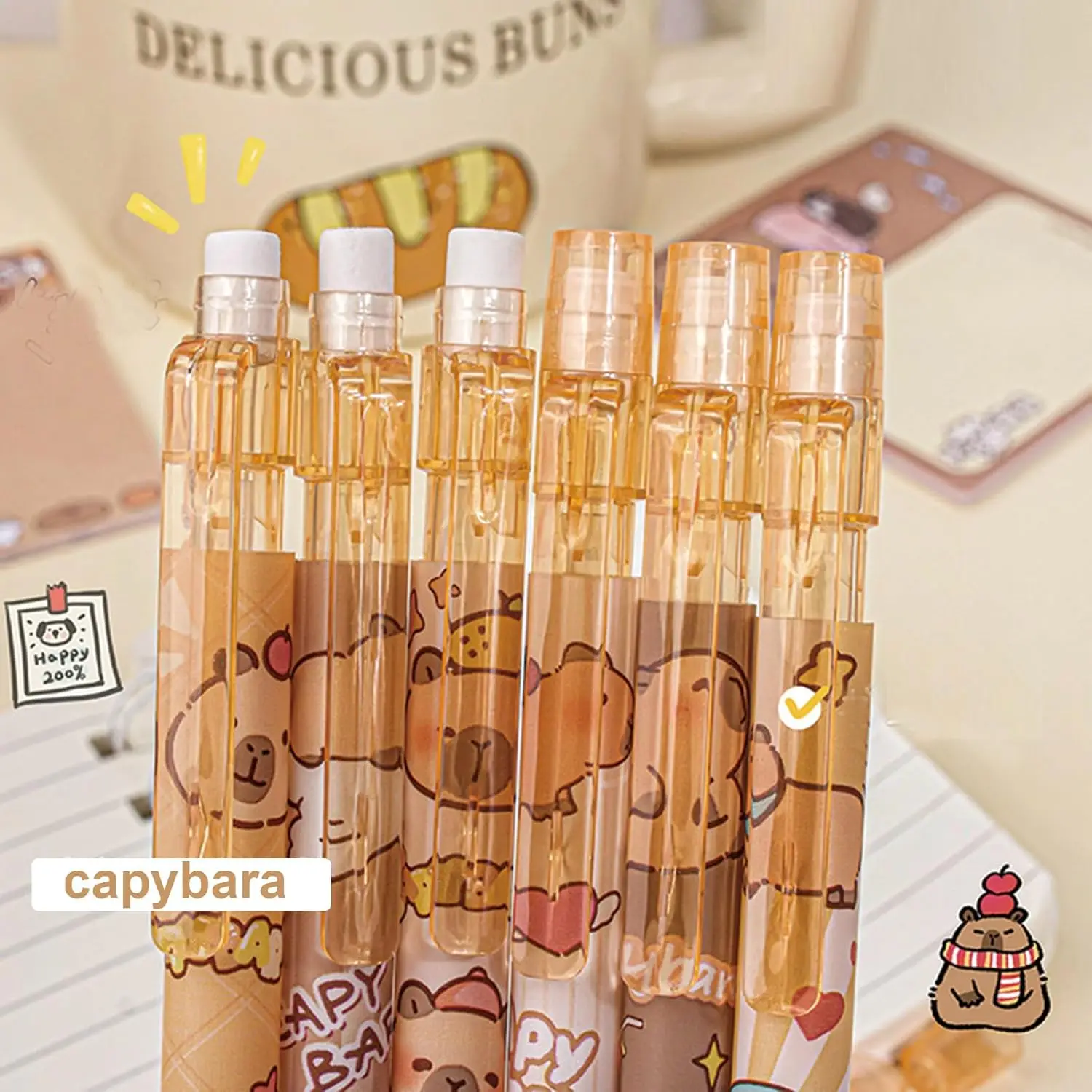 6 Pcs Cute Mechanical Pencils with Eraser 0.5mm Cartoon Capybara Mechanical Pencil Light Pencil for Kids Boy Girl Women 3