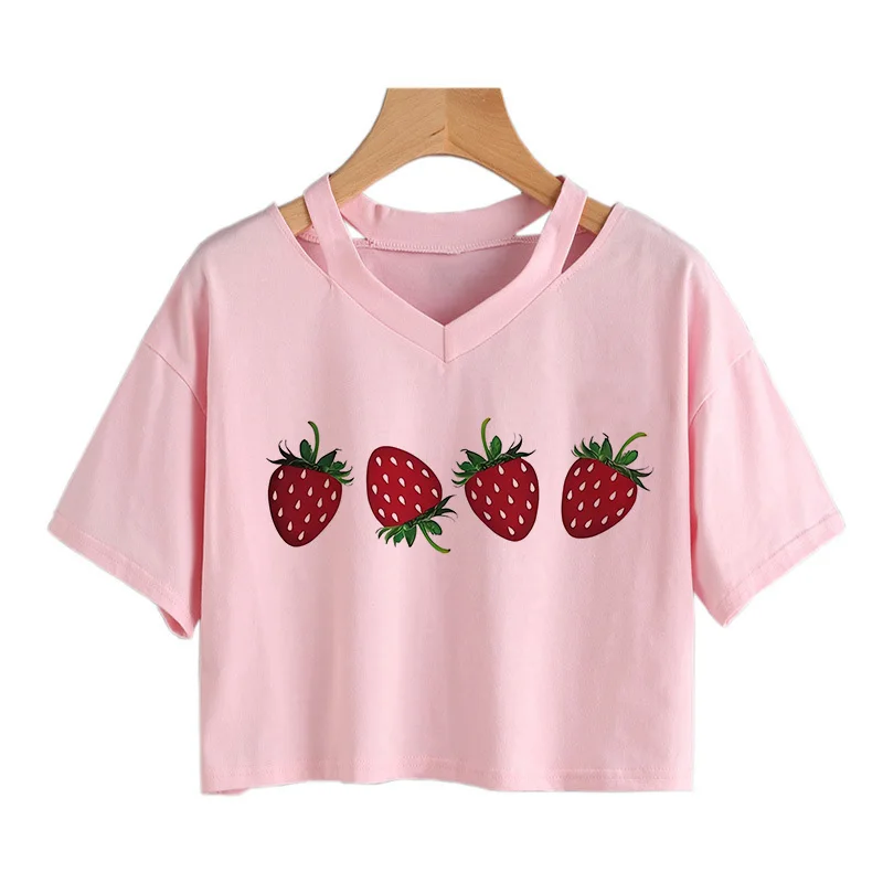 Strawberry Print Cropped Crew Neck T-Shirt for Women - Casual Spring/Summer Wear