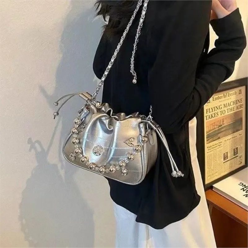 Harajuku Style Silver Diamond Studded Handbag Women Beaded Handle Gather Drawstring Chain Shoulder Bags Ladies Y2k Crossbody Bag