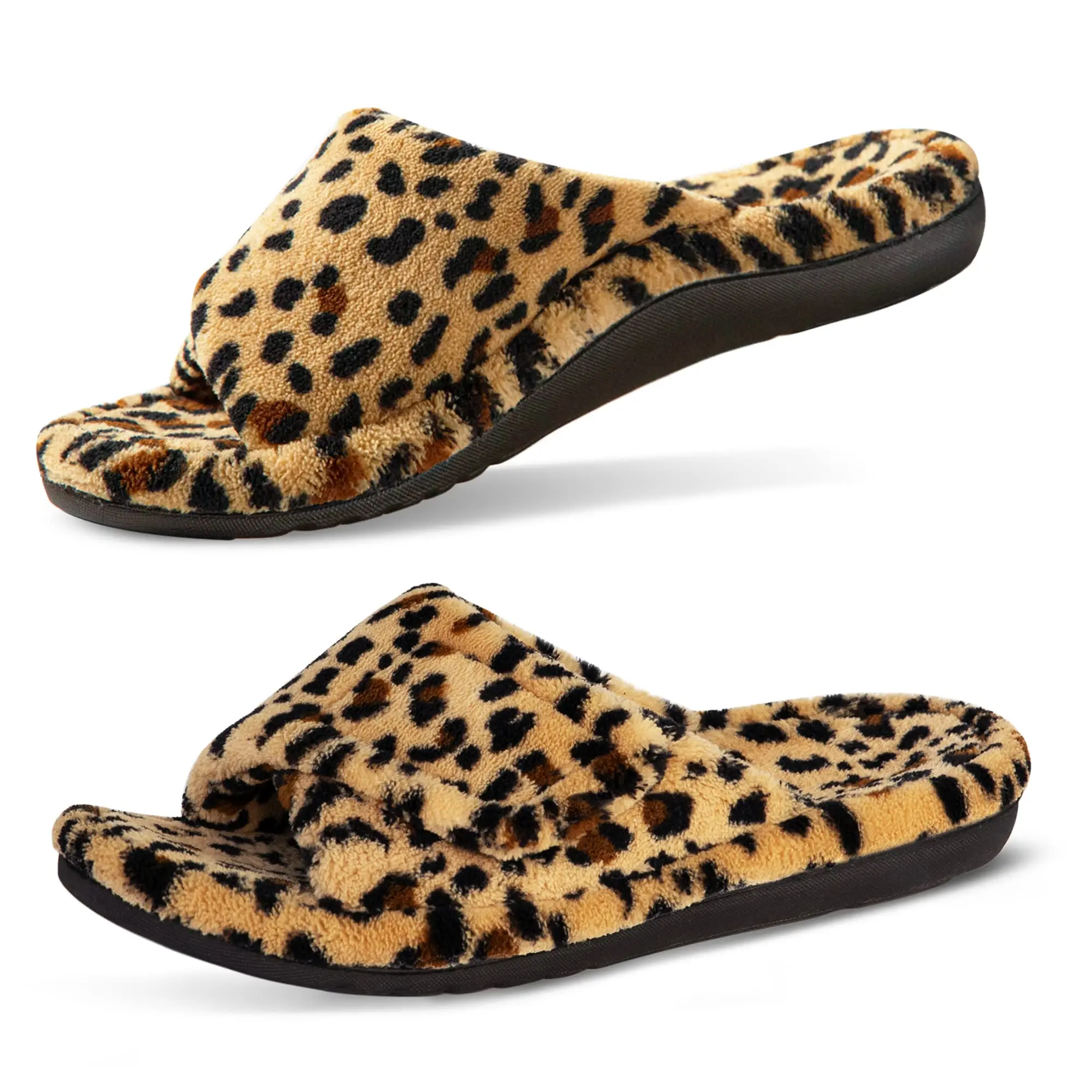 Shevalues Leopard Print Fur Women Slippers Fuzzy House Slippers Winter Open Toe Cotton Slippers Fashion Indoor Orthopedic Slides