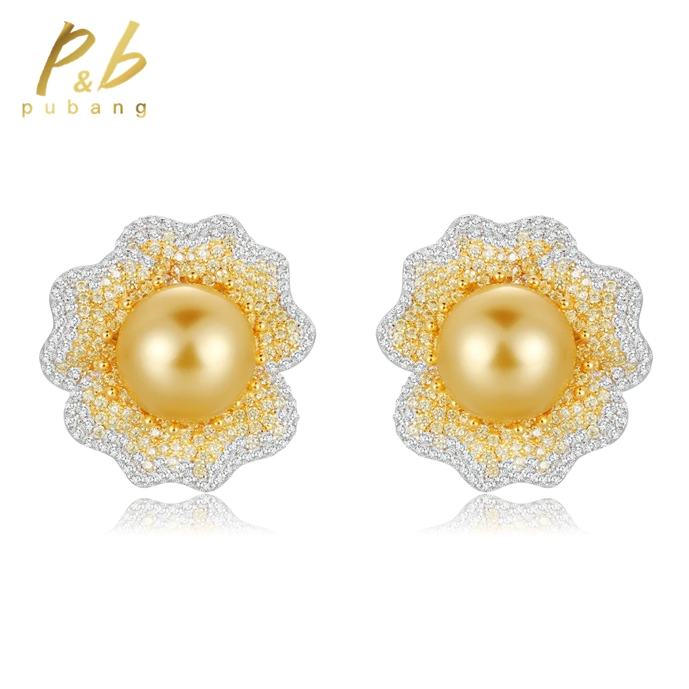 

PuBang Luxury Jewelry 925 Sterling Silver Golden Freshwater Pearl Diamond Stud Earrings for Women Anniversary Gift Free Shipping
