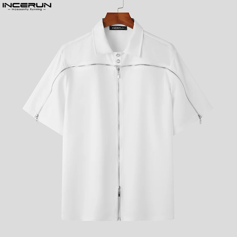 INCERUN Tops 2023 Korean Style Men Zipper Design Loose Solid Shirt Casual Simple All-match Male Short Sleeved Lapel Blouse S-5XL