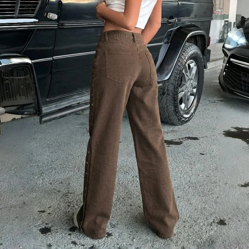 Jean décontracté pour femme, coupe large, richement orné, taille haute, marron café, style coréen, pantalon ample