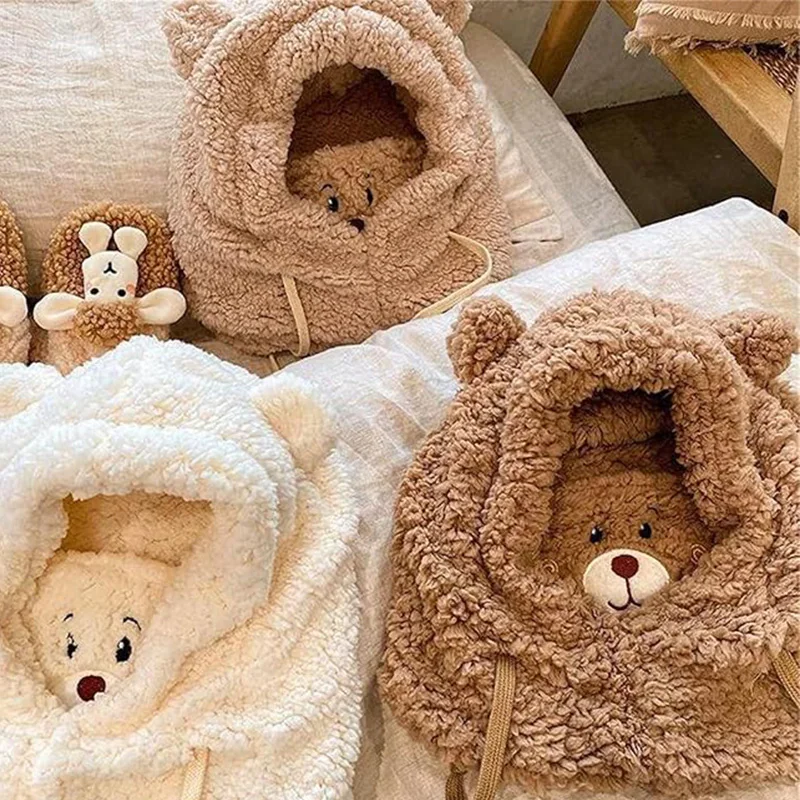 Bear Scarf Hat Mask All-in-one Female Winter Lambswool Hooded Mask Scarf Riding Plush