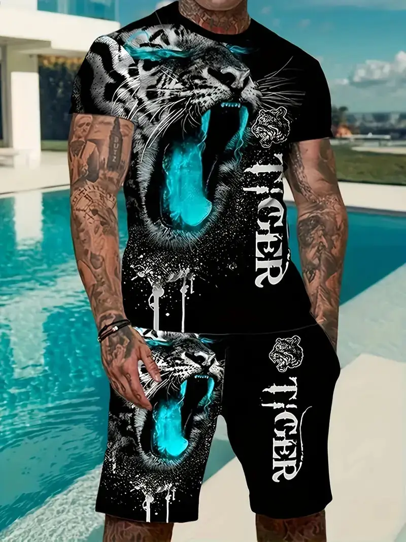Newest Summer Men's Beach Shorts Set 3D Fierce beast Tiger Print Short Sleeve T-shirts+Shorts 2 Pcs Set Oversized Tracksuit Suit 4