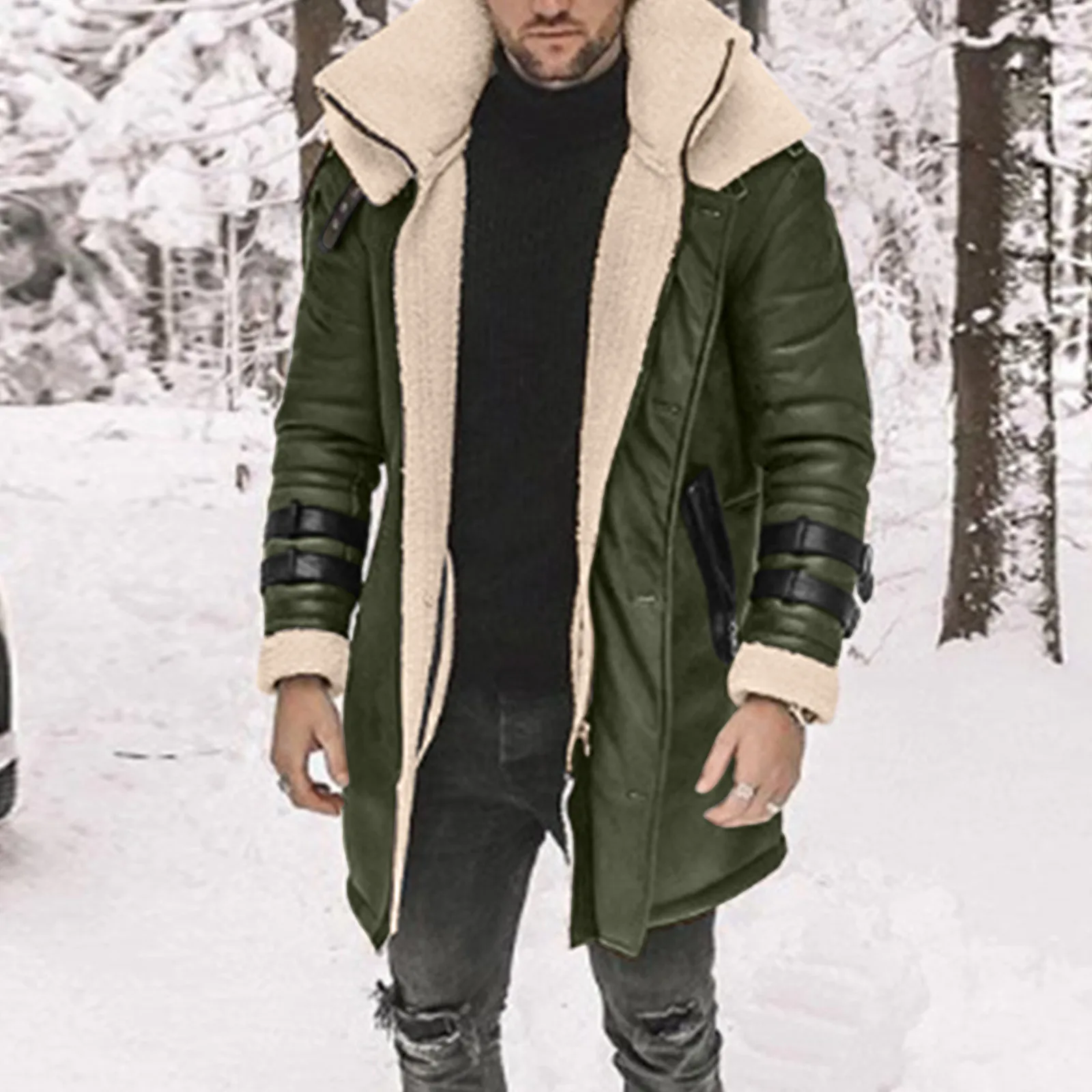 

Men Plus Size Winter Coat Lapel Collar Long Sleeve Padded Leather Jacket Vintage Thicken Coat Sheepskin Jacket Firefighting Coat